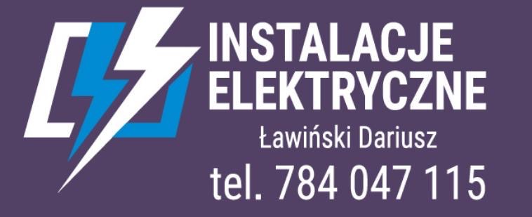 Logo firmy 'Instalacje Elektryczne Ławiński Dariusz' na fioletowym tle z symbolem błyskawicy. Kontakt: tel. 784 047 115.