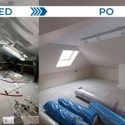 Usługi remontowe Dawid Soliński - Adaptacja poddasza: widok 'przed' z folią izolacyjną i 'po' z gładkimi ścianami, oknem dachowym i oświetleniem. Rolki materiałów na podłodze.