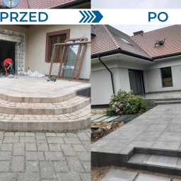Usługi remontowe Dawid Soliński - Zdjęcie 'przed i po' prezentujące metamorfozę tarasu domu jednorodzinnego. Po lewej demontaż, po prawej ułożona szara kostka brukowa i odnowiona elewacja.