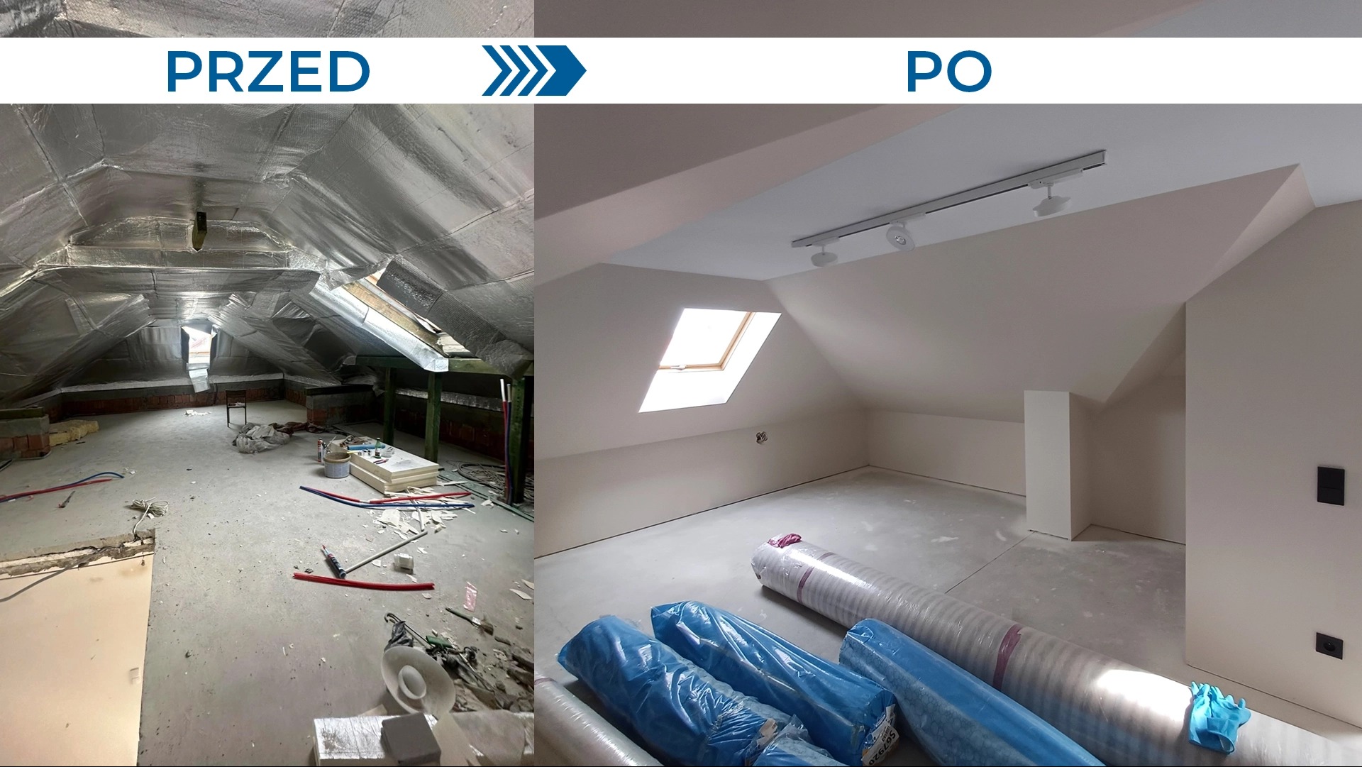 Adaptacja poddasza: widok 'przed' z folią izolacyjną i 'po' z gładkimi ścianami, oknem dachowym i oświetleniem. Rolki materiałów na podłodze.