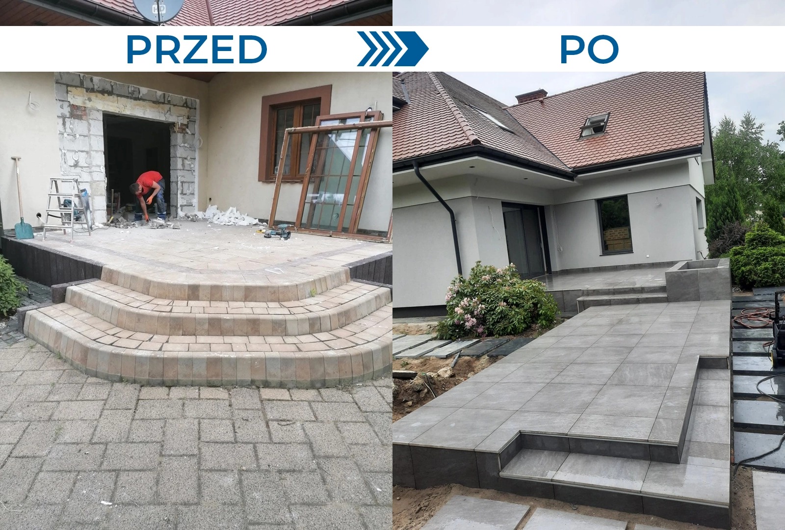 Zdjęcie 'przed i po' prezentujące metamorfozę tarasu domu jednorodzinnego. Po lewej demontaż, po prawej ułożona szara kostka brukowa i odnowiona elewacja.