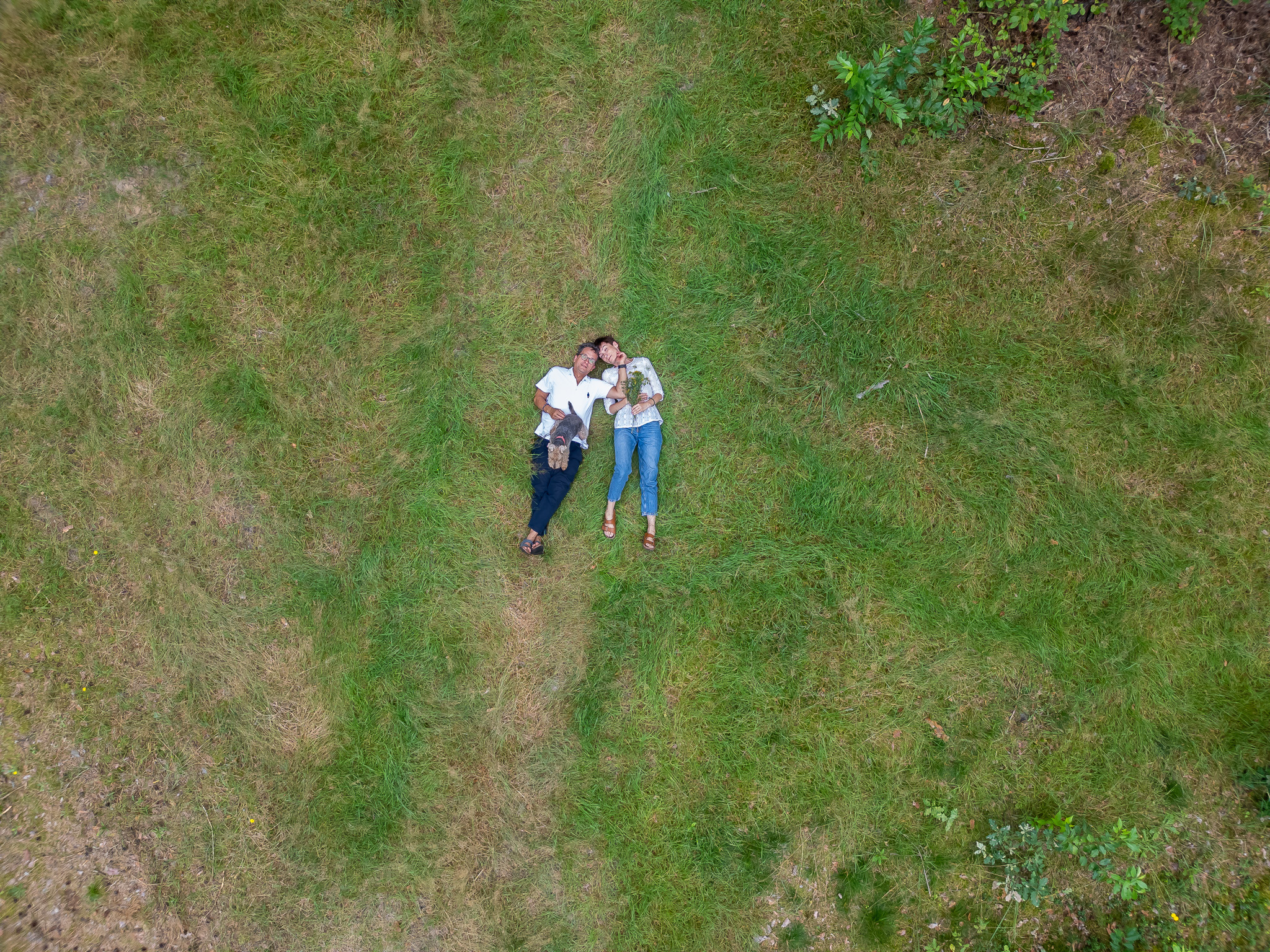 Para z psem leży na trawie, widok z góry. Kobieta trzyma bukiet polnych kwiatów. Romantyczna sesja w plenerze, naturalne światło, swobodna atmosfera.