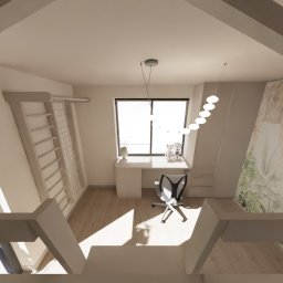 RINNOVO Usługi Budowlano Wykończeniowe Łukasz Bańcerowsk & Dash.Interior - Wnętrze pokoju dziecięcego na poddaszu z biurkiem przy oknie, drabinką gimnastyczną i tapetą w motywy roślinne i zwierzęce. Widok z góry, jasne oświetlenie.