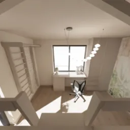 Wnętrze pokoju dziecięcego na poddaszu z biurkiem przy oknie, drabinką gimnastyczną i tapetą w motywy roślinne i zwierzęce. Widok z góry, jasne oświetlenie.