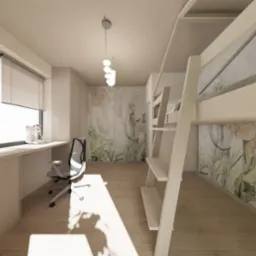 Pokój dziecięcy z biurkiem, krzesłem i łóżkiem piętrowym na tle ściany z motywem zwierząt. Jasne drewno na podłodze, rolety w oknie.