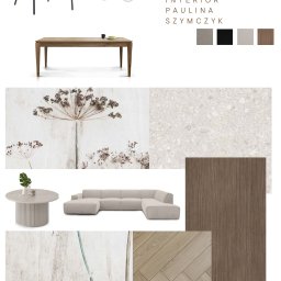 RINNOVO Usługi Budowlano Wykończeniowe Łukasz Bańcerowsk & Dash.Interior - Moodboard wnętrzarski: krzesło, lampa, stół, sofa, płytki i drewno w neutralnej kolorystyce. Projekt Pauliny Szymczyk prezentuje spójną wizję aranżacji.