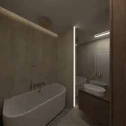 Nowoczesna łazienka z wanną i umywalką na drewnianej szafce, oświetlenie LED, beżowe ściany z fakturą i kamieniami dekoracyjnymi przy wannie.