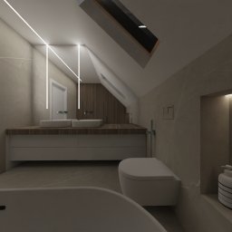 RINNOVO Usługi Budowlano Wykończeniowe Łukasz Bańcerowsk & Dash.Interior - Nowoczesna łazienka na poddaszu z oknem dachowym. Dwie umywalki nablatowe, podświetlane lustro, beżowe płytki imitujące marmur i minimalistyczna toaleta.