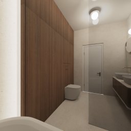 RINNOVO Usługi Budowlano Wykończeniowe Łukasz Bańcerowsk & Dash.Interior - Wizualizacja nowoczesnej łazienki z drewnianą zabudową, okrągłymi lustrami i podwójną umywalką. Stonowana kolorystyka i minimalistyczny design.