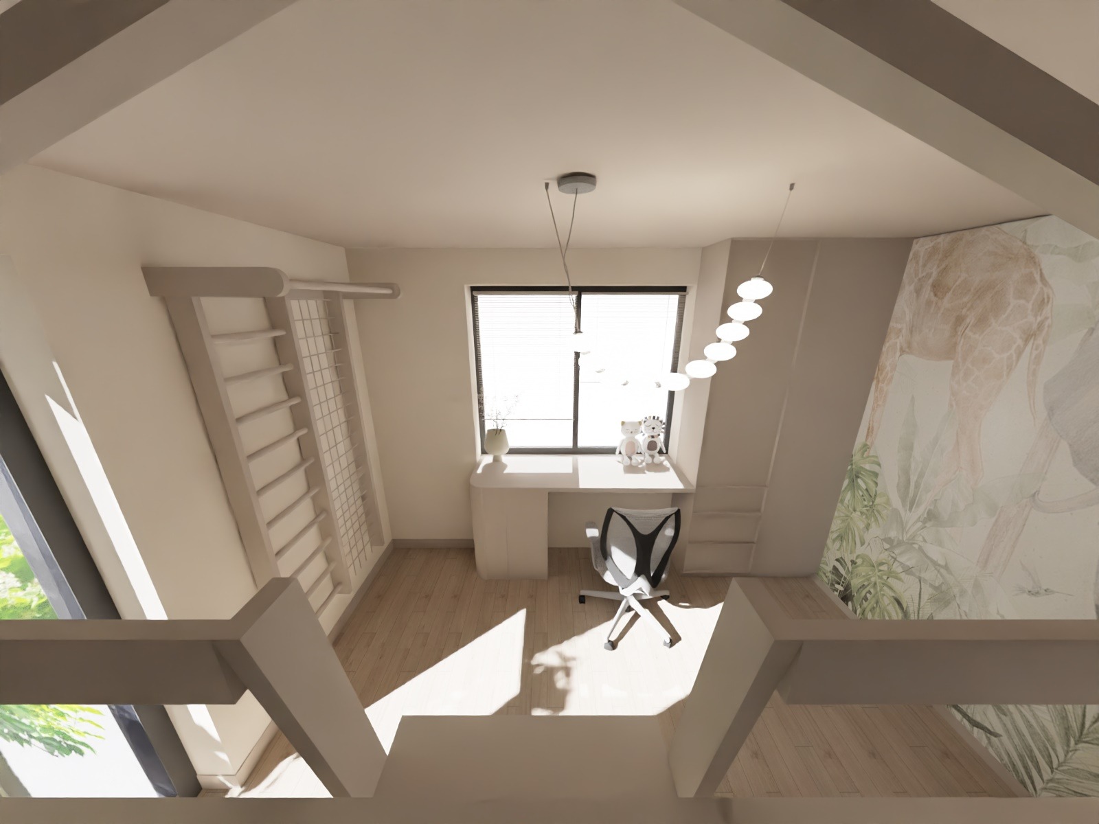 Wnętrze pokoju dziecięcego na poddaszu z biurkiem przy oknie, drabinką gimnastyczną i tapetą w motywy roślinne i zwierzęce. Widok z góry, jasne oświetlenie.