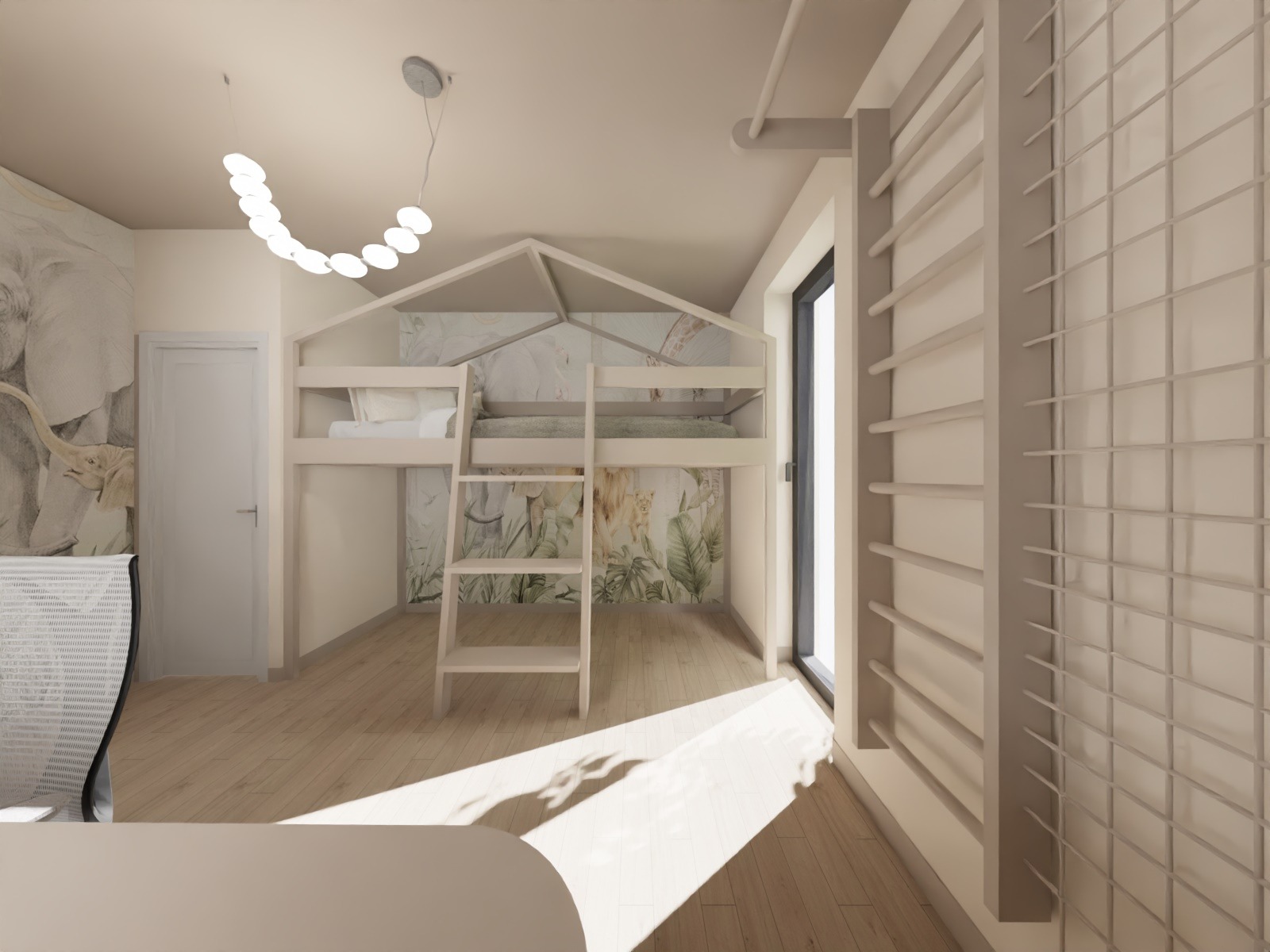 Pokój dziecięcy z łóżkiem na antresoli w kształcie domku, drabinką i tapetą w motywy zwierzęce. Nowoczesna lampa sufitowa i drewniana podłoga.