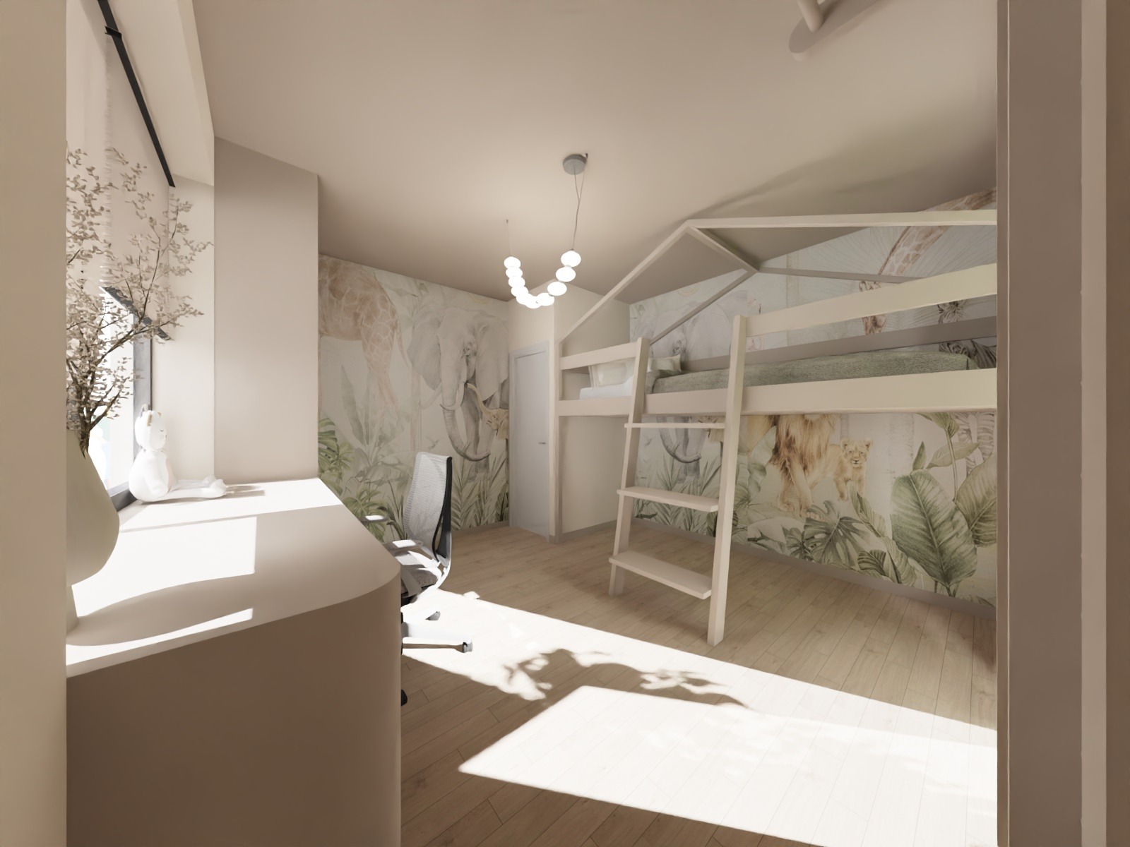 Pokój dziecięcy z łóżkiem piętrowym i biurkiem w stylu safari. Na ścianie fototapeta z motywami zwierzęcymi, oświetlenie sufitowe w kształcie kuli.