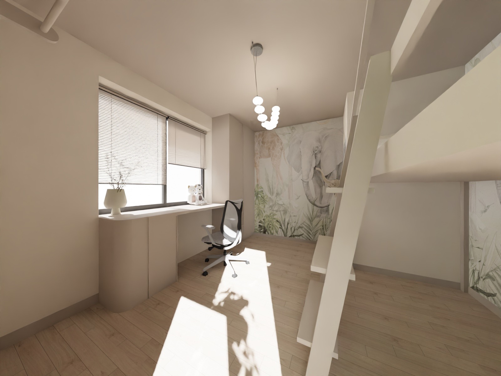 Pokój dziecięcy z biurkiem przy oknie, krzesłem biurowym i łóżkiem na antresoli. Na ścianie tapeta z motywem dżungli i słoni. Jasne drewno na podłodze.