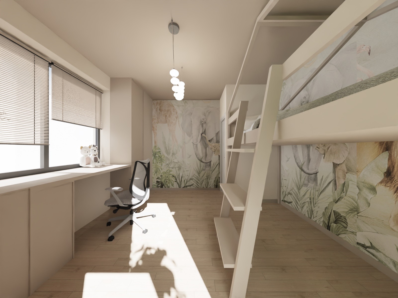 Pokój dziecięcy z biurkiem, krzesłem i łóżkiem piętrowym na tle ściany z motywem zwierząt. Jasne drewno na podłodze, rolety w oknie.