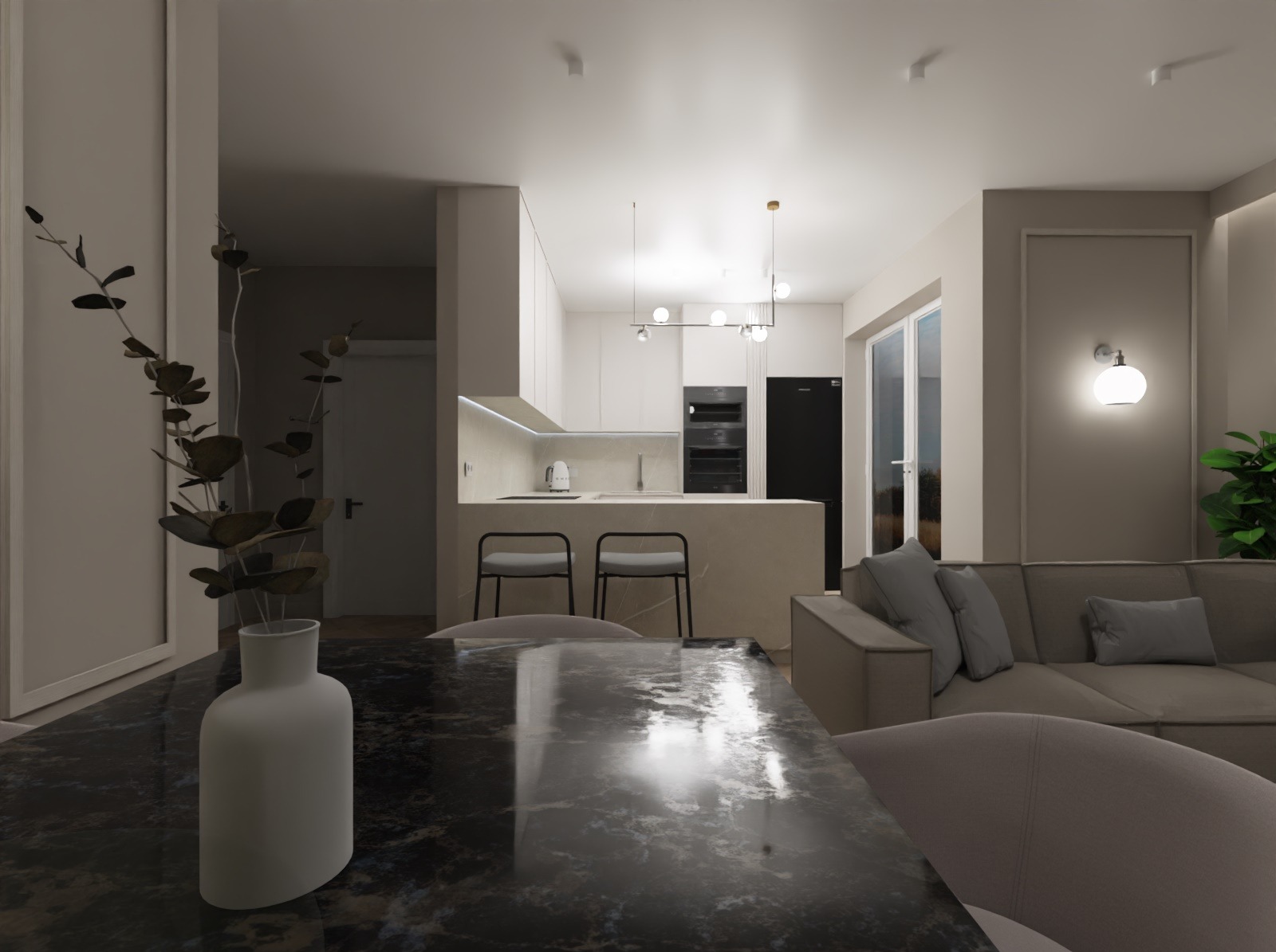 Elegancka aranżacja wnętrza: marmurowy stół z wazonem na pierwszym planie, w tle nowoczesna kuchnia z białymi szafkami i salon z szarą sofą.