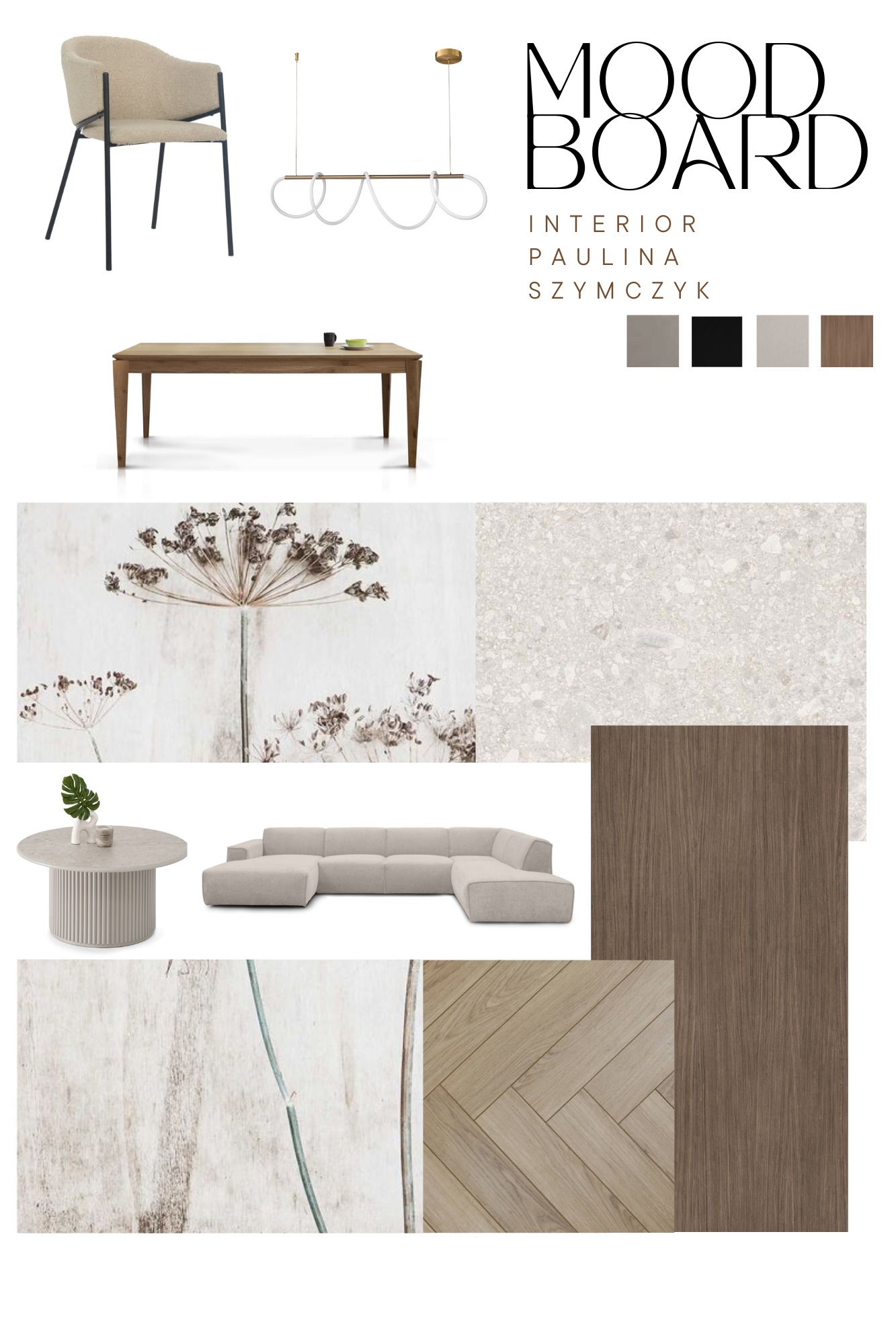 Moodboard wnętrzarski: krzesło, lampa, stół, sofa, płytki i drewno w neutralnej kolorystyce. Projekt Pauliny Szymczyk prezentuje spójną wizję aranżacji.