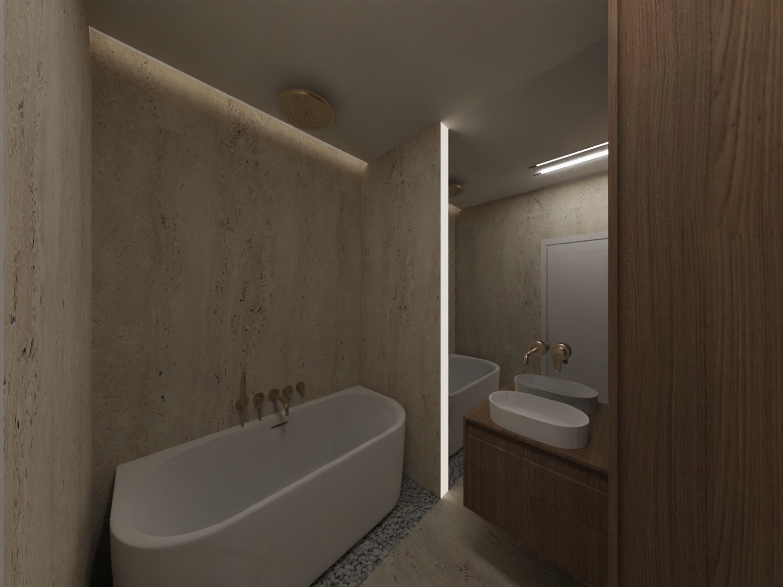 Nowoczesna łazienka z wanną i umywalką na drewnianej szafce, oświetlenie LED, beżowe ściany z fakturą i kamieniami dekoracyjnymi przy wannie.
