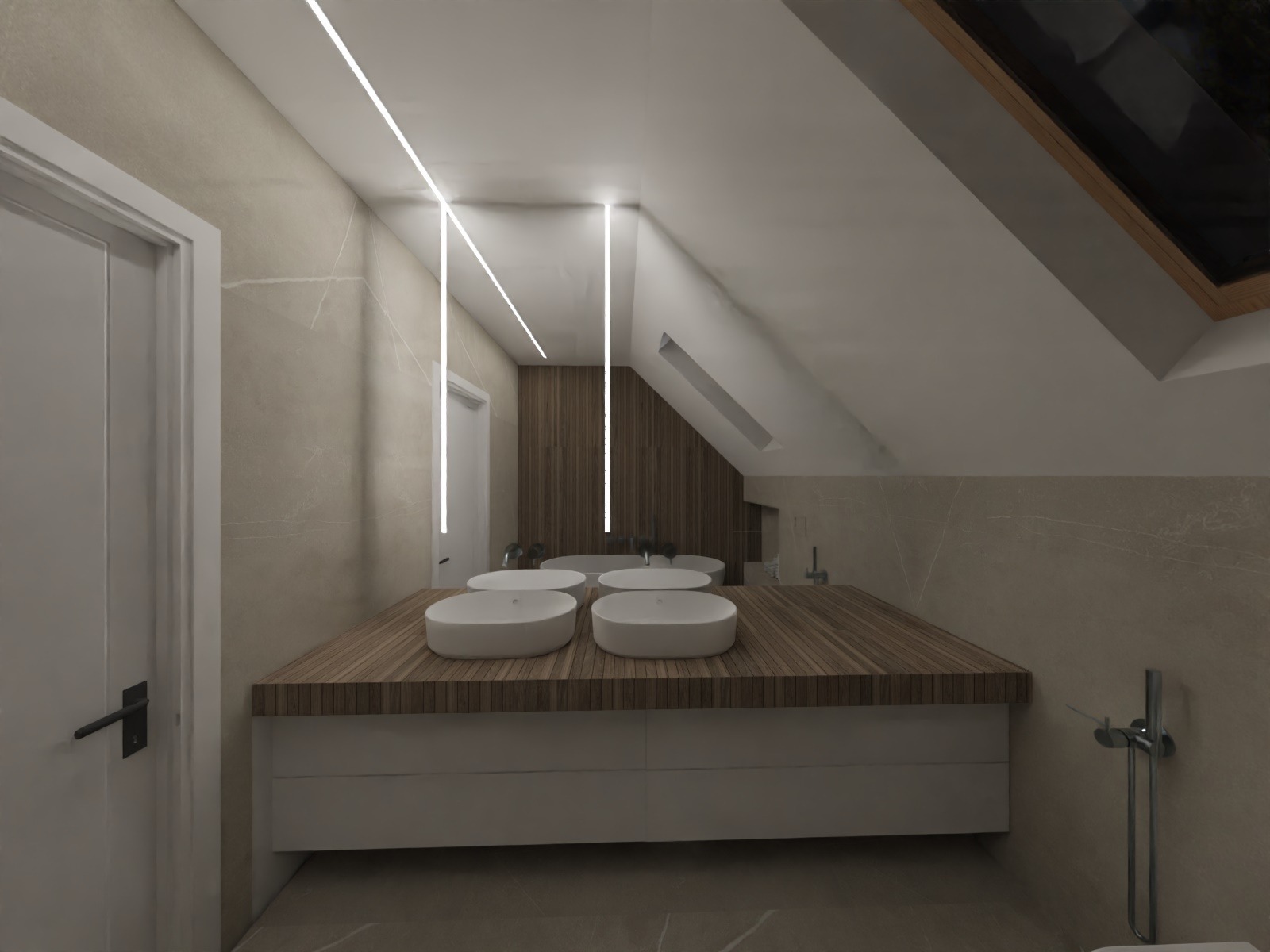 Projekt łazienki na poddaszu ze skośnym sufitem, z umywalkami nablatowymi i oświetleniem LED. Użyto płytek imitujących kamień w beżowych odcieniach.