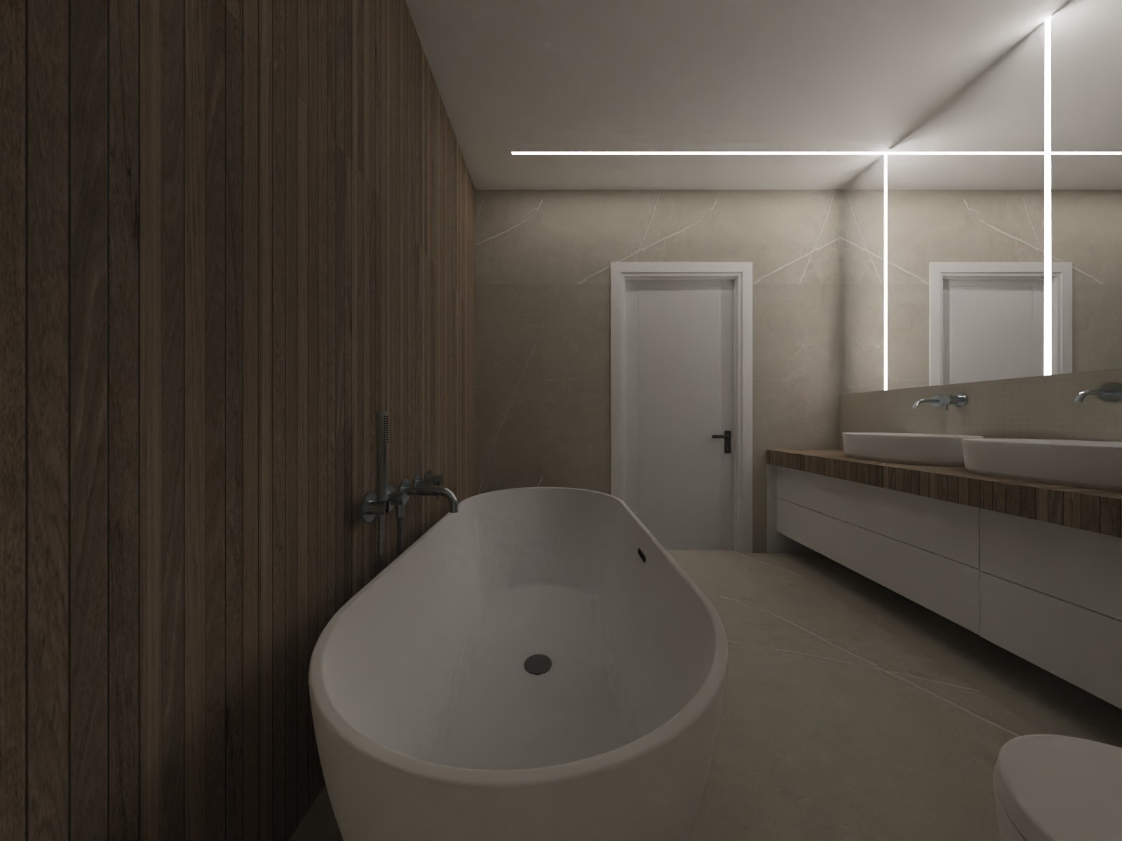 Nowoczesna łazienka z drewnianą ścianą, wolnostojącą wanną i podwójną umywalką z podświetlanym lustrem. Minimalistyczny design z elementami naturalnego drewna.