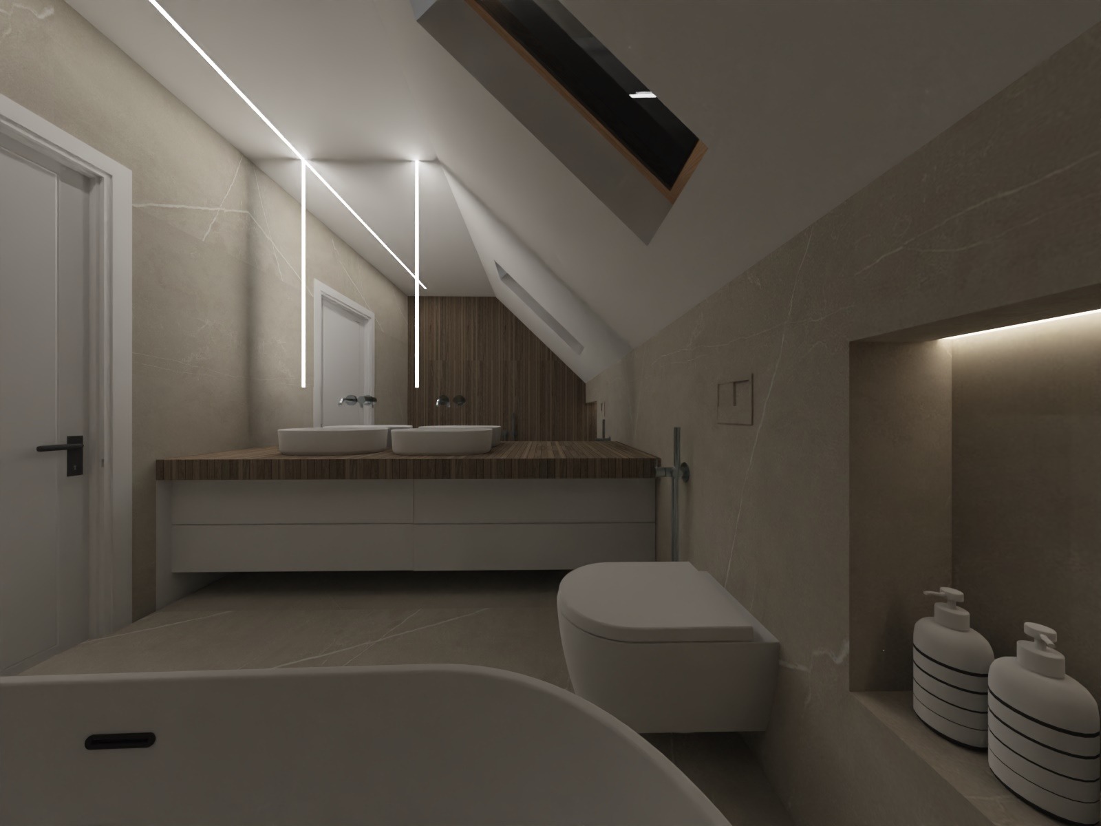 Nowoczesna łazienka na poddaszu z oknem dachowym. Dwie umywalki nablatowe, podświetlane lustro, beżowe płytki imitujące marmur i minimalistyczna toaleta.