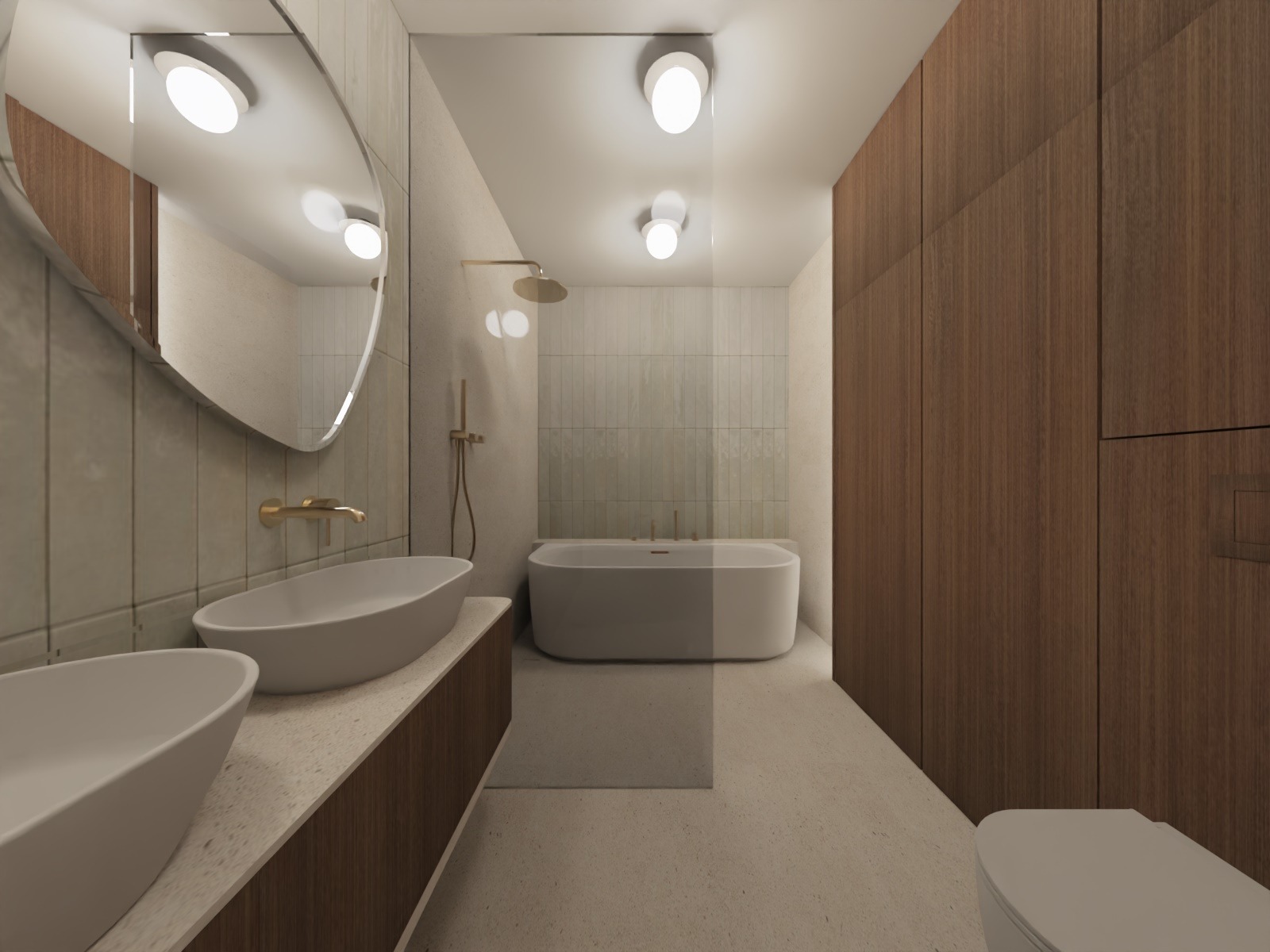 Nowoczesna łazienka z owalnym lustrem, dwoma umywalkami na blacie z terazzo, wanną i drewnianą zabudową. Subtelne oświetlenie podkreśla minimalistyczny design.