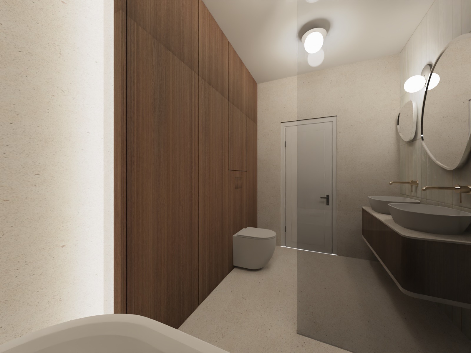 Wizualizacja nowoczesnej łazienki z drewnianą zabudową, okrągłymi lustrami i podwójną umywalką. Stonowana kolorystyka i minimalistyczny design.