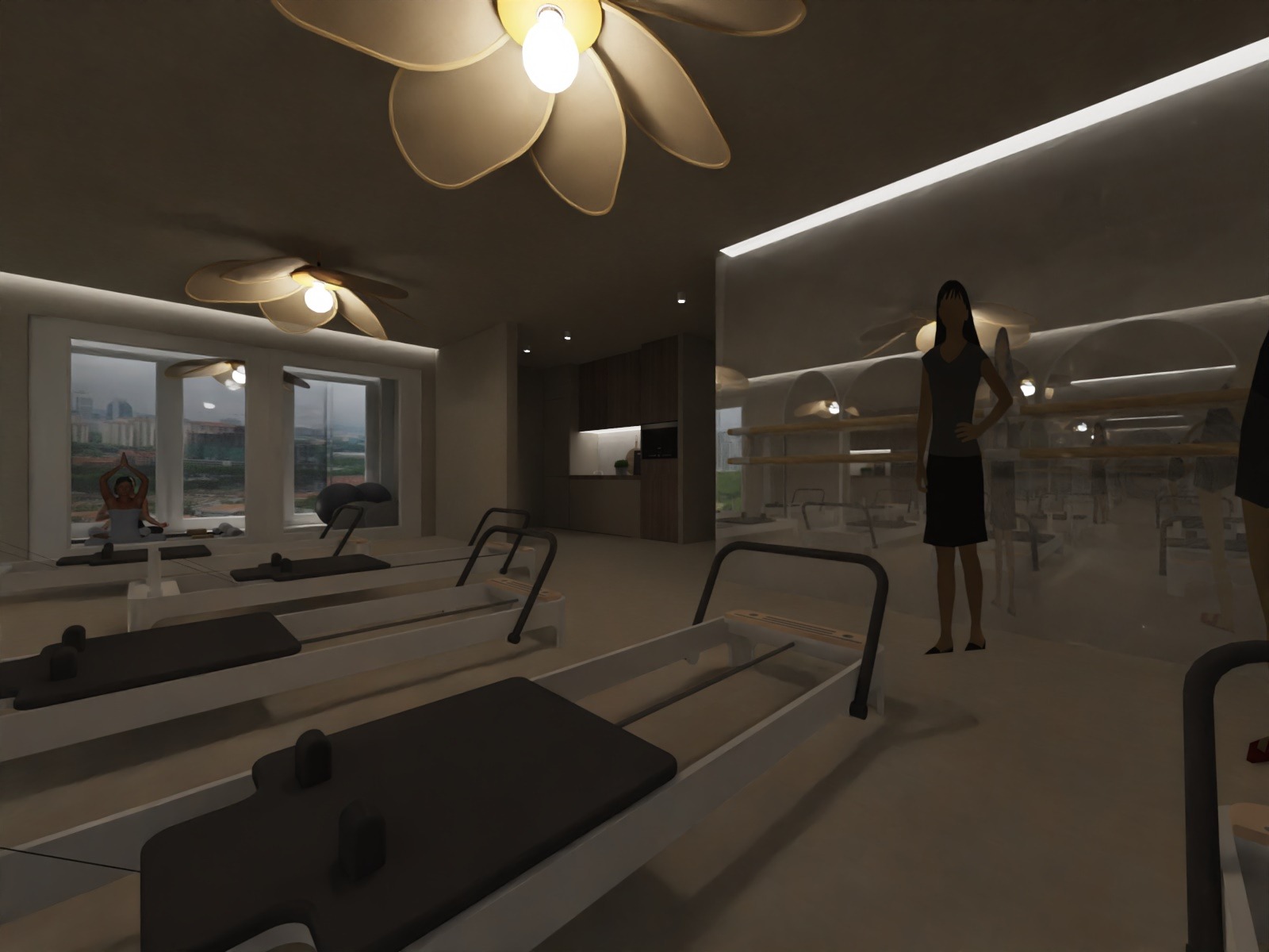 Jasne wnętrze sali do ćwiczeń pilates z sprzętem do ćwiczeń, lustrami i osobami ćwiczącymi. Kwiatowe lampy sufitowe dodają unikalnego charakteru.