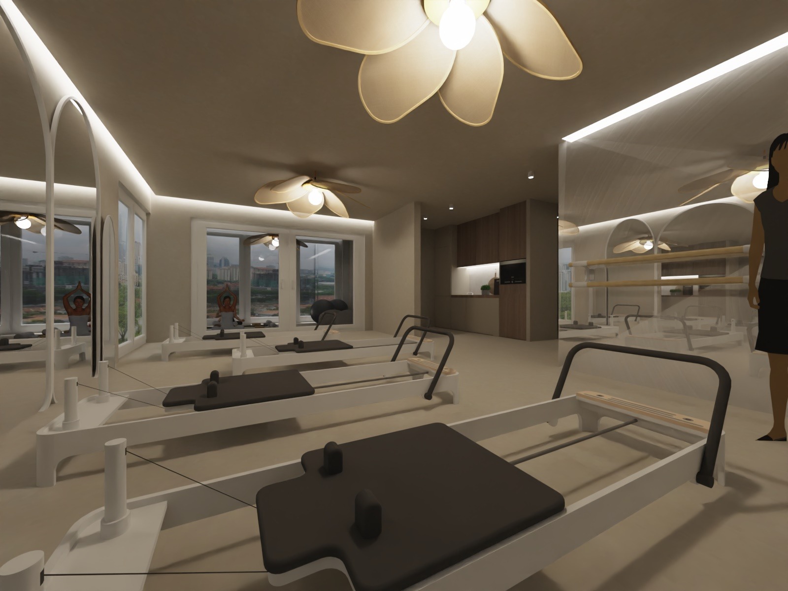 Jasne wnętrze studia pilates z białymi reformerami i dużymi oknami z widokiem na miasto. Sufit zdobią lampy w kształcie kwiatów.