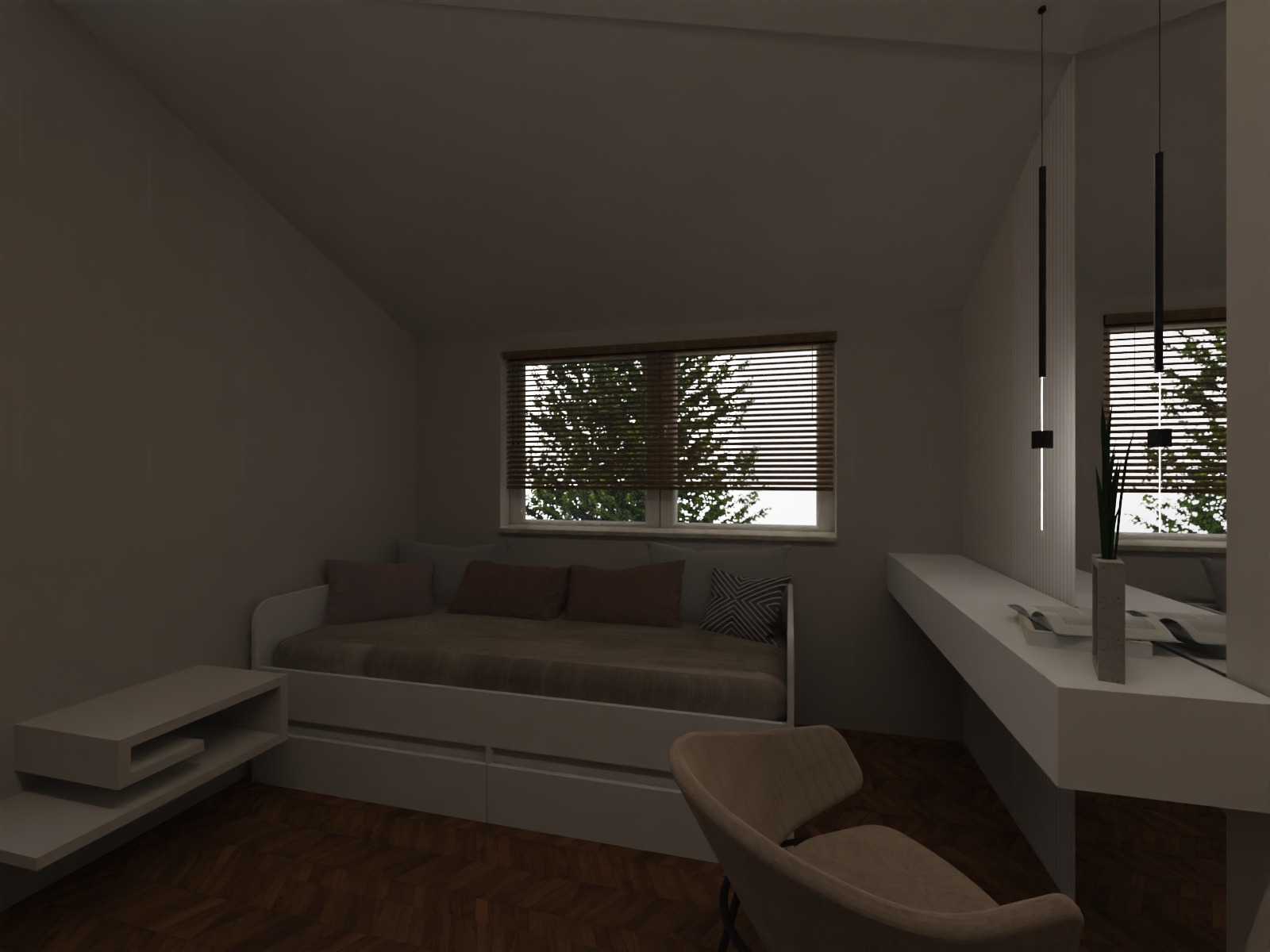 Wizualizacja pokoju z rozkładaną sofą, biurkiem z lustrem i krzesłem na tle okna z żaluzjami. Minimalistyczny styl, stonowana kolorystyka, drewniana podłoga.