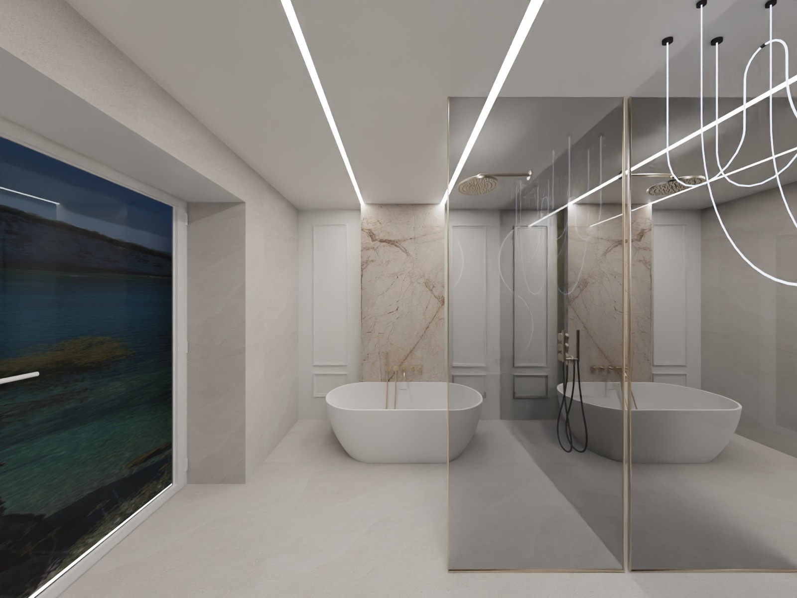 Elegancka łazienka z wolnostojącą wanną na tle marmurowej ściany, oświetlona ledowym światłem. Duże okno z widokiem na morze. Nowoczesny design i minimalistyczny styl.