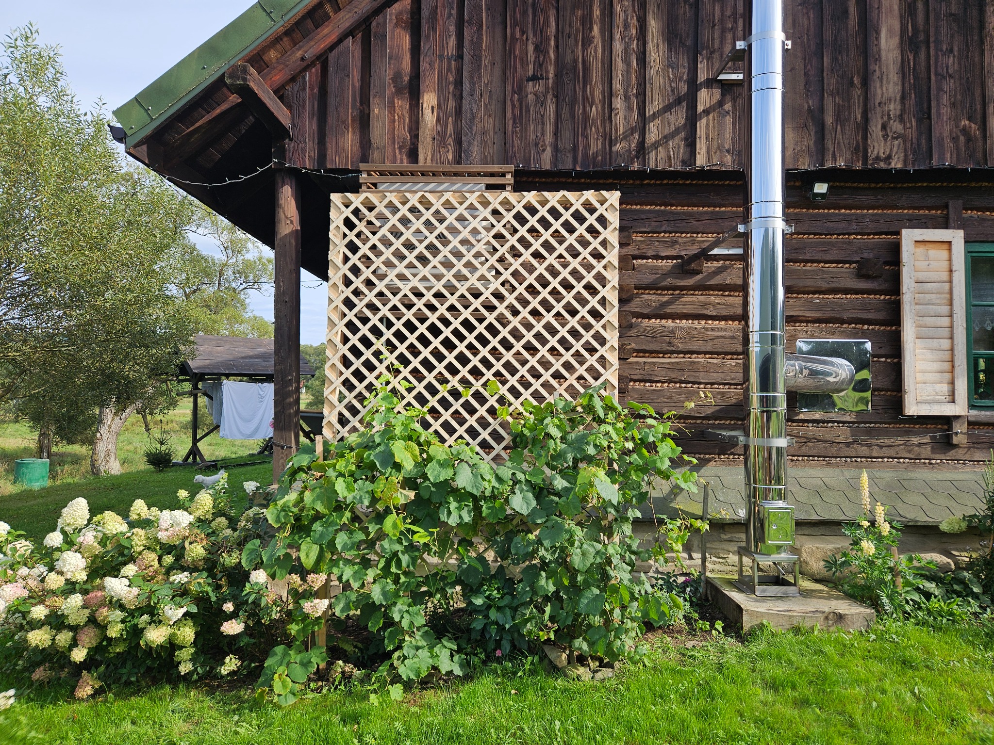 Rustykalny dom z drewna z metalowym kominem i drewnianą kratą, obrośniętą zielenią. W tle widoczna altana i bujna roślinność.