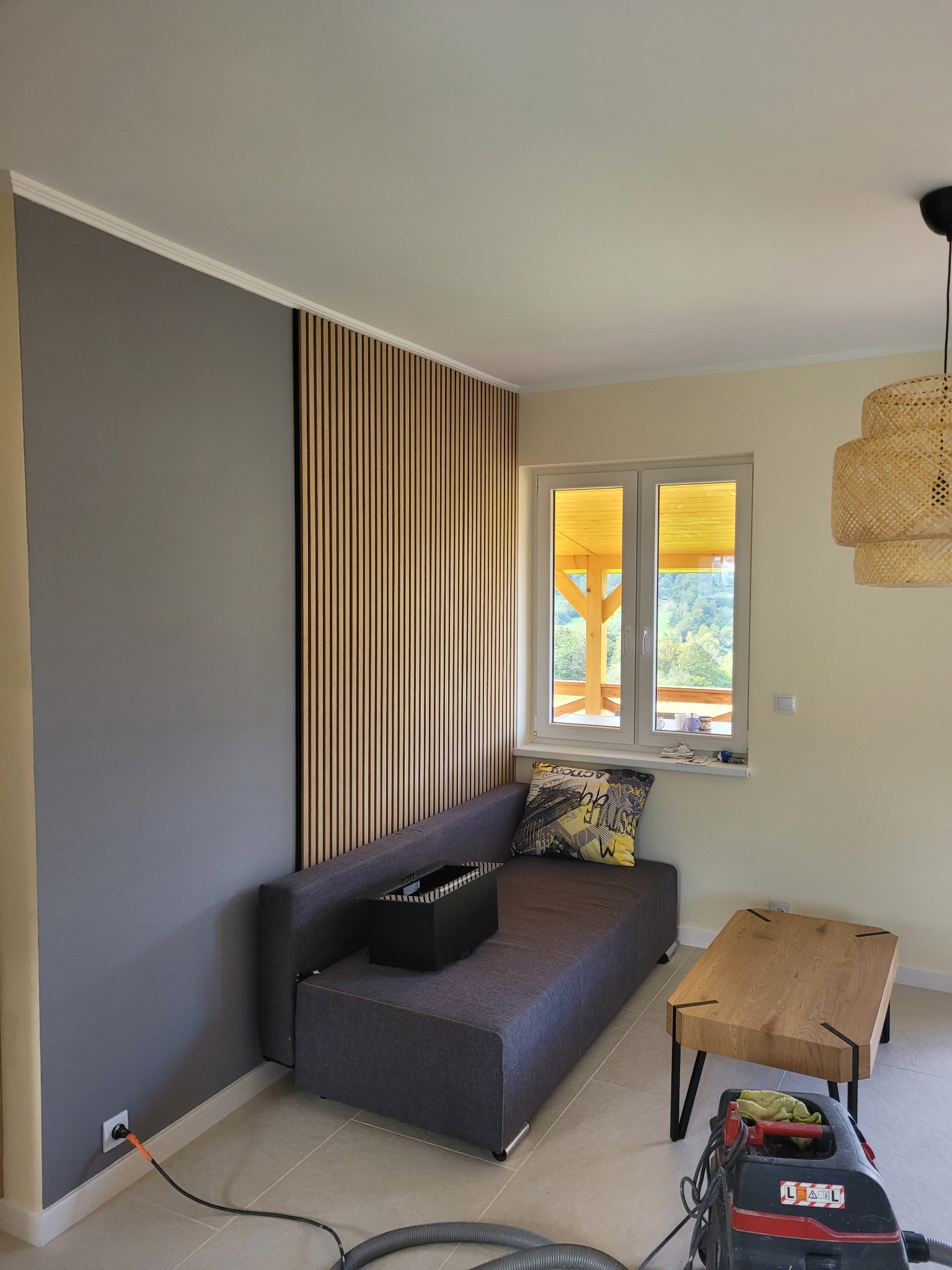 Nowoczesne wnętrze: szara ściana z drewnianymi lamelami, sofa z poduszką przy oknie z widokiem na zieleń, drewniany stolik i lampa, odkurzacz na podłodze.