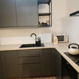 Czystonauta - Paweł Urbański - Nowoczesna, szara kuchnia z drewnianym blatem, czarnym zlewem i czajnikiem na płycie. Widoczne środki czystości i akcesoria kuchenne na półkach.