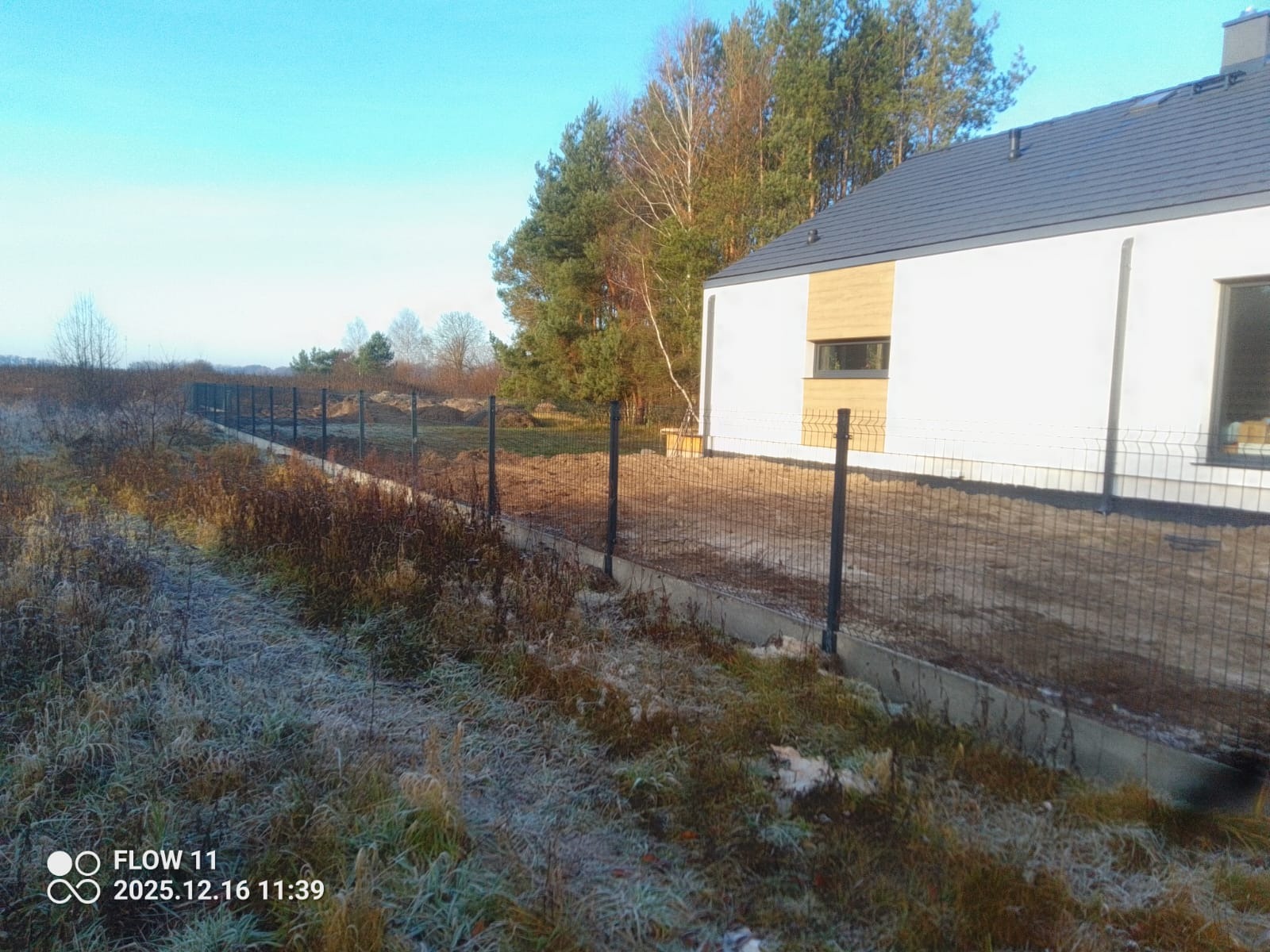 Nowoczesne ogrodzenie z siatki panelowej w kolorze grafitowym, otaczające posesję z domem o białej elewacji. Poranna sceneria, trawa pokryta szronem.