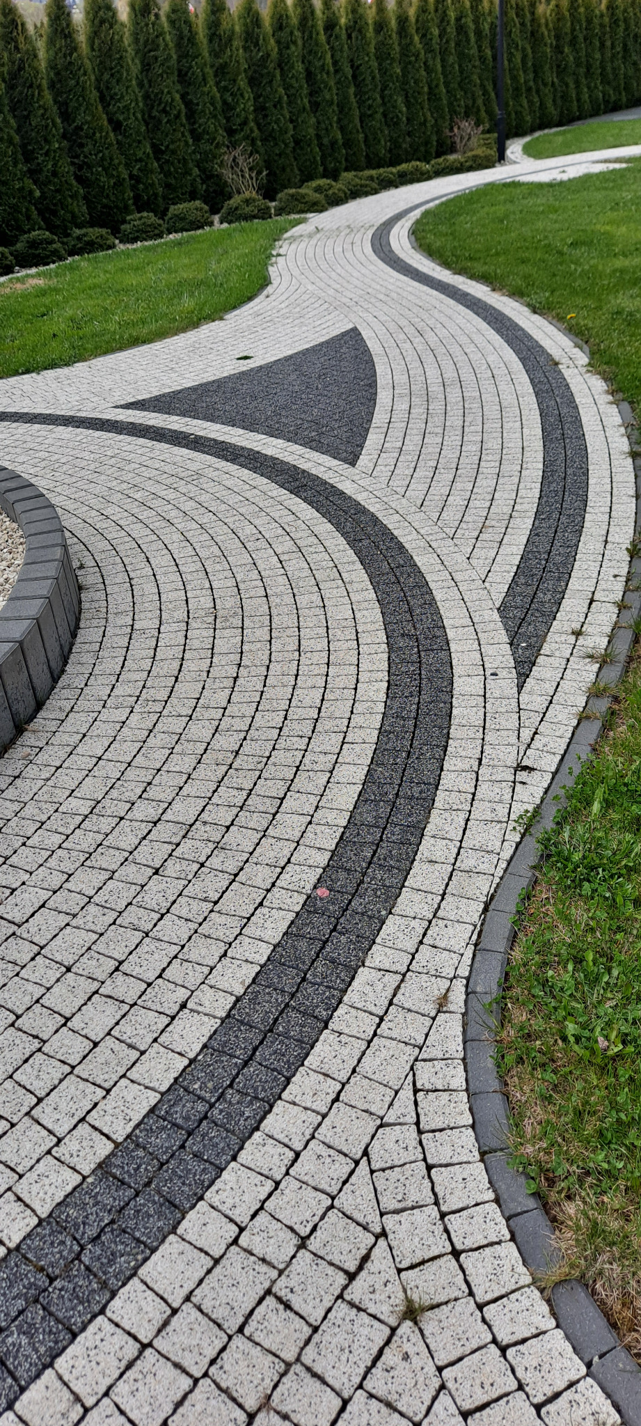 Ścieżka z jasnoszarej kostki brukowej z ciemnoszarymi wstawkami, wijąca się przez trawnik z tujami w tle. Estetyczne wykończenie obrzeżami.