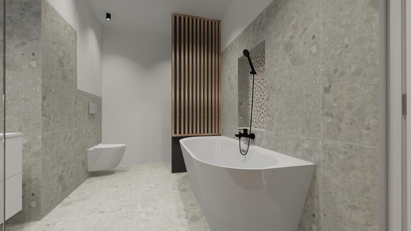 Nowoczesna łazienka z wanną, szarą mozaiką i drewnianymi lamelami. Minimalistyczny design, armatura w kolorze czarnym, płytki imitujące kamień.
