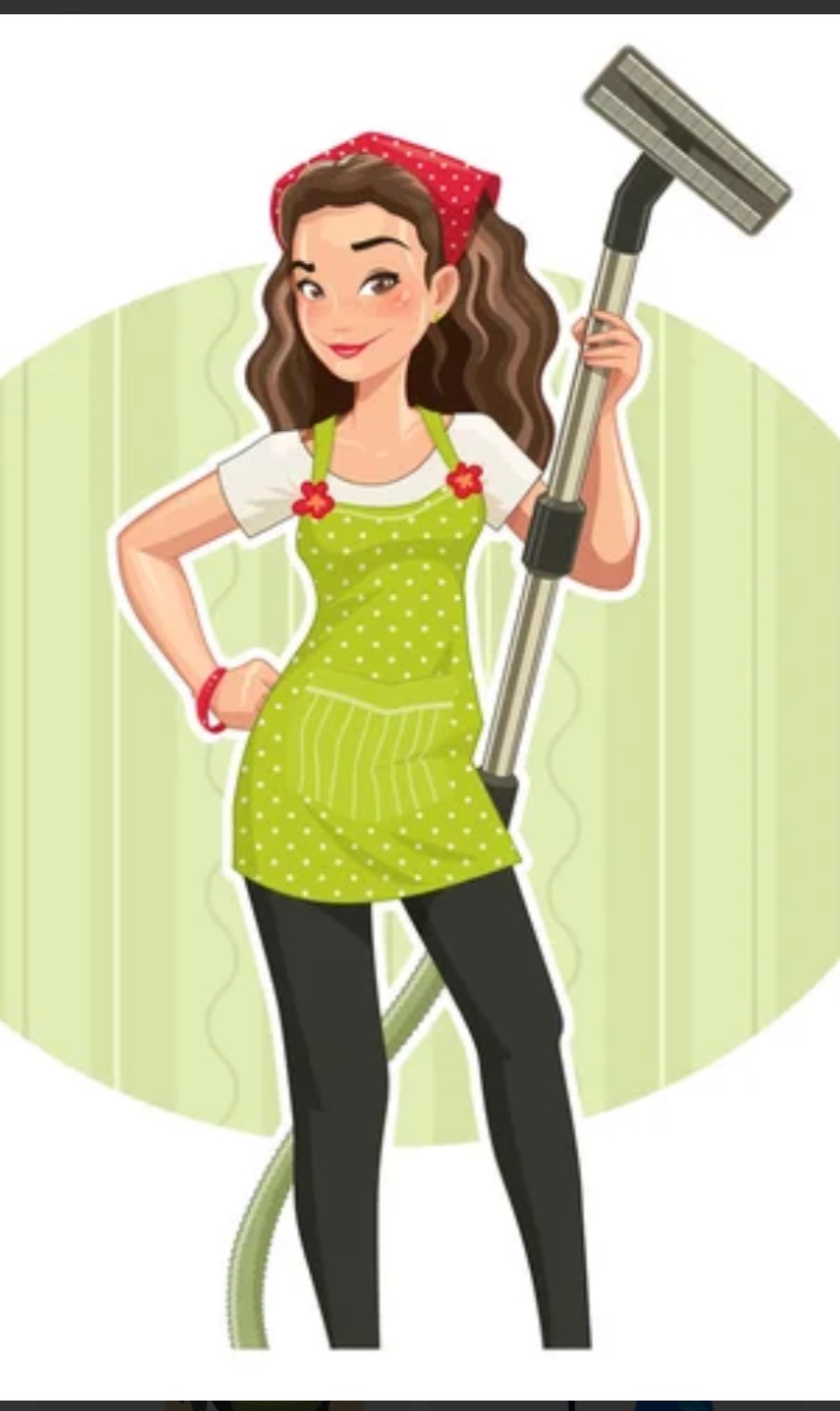 Ilustracja kobiety w fartuchu z odkurzaczem na tle zielonych pasów. Grafika w stylu retro, prezentująca osobę gotową do sprzątania.