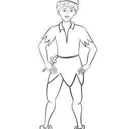 Kinga Tyburczyk - Czarno-biały rysunek Petera Pana w charakterystycznym stroju: kapelusz z piórkiem, tunika z ząbkowanymi brzegami i buty z dzwoneczkami, ręce na biodrach, na białym tle.