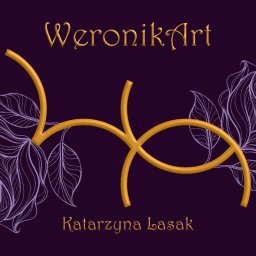 Kinga Tyburczyk - Wizytówka z nazwą 'WeronikArt' i imieniem 'Katarzyna Lasak' na fioletowym tle z motywem róż i złotym elementem graficznym.