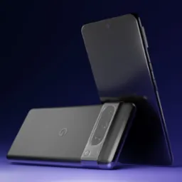 Realistyczny render 3D dwóch smartfonów, jeden leży, drugi stoi pionowo, z widocznymi detalami obudowy i obiektywów, na ciemnym tle z subtelnym oświetleniem.