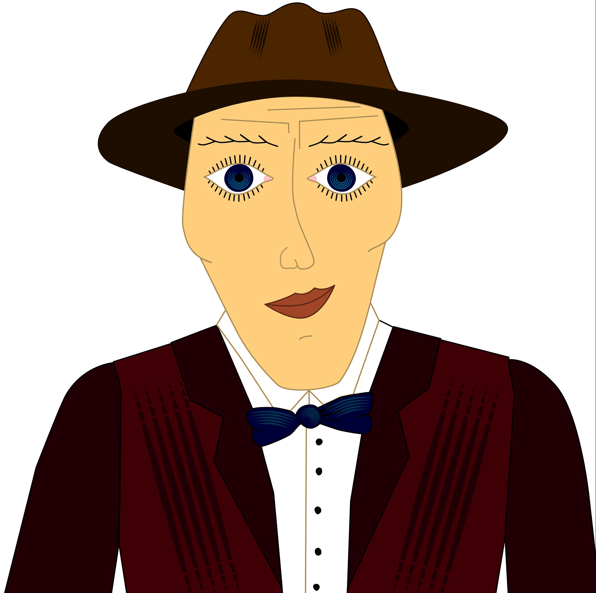 Ilustracja mężczyzny w brązowym kapeluszu, bordowej marynarce i muszce. Stylizowany portret z dużymi, niebieskimi oczami i geometrycznymi rysami twarzy.