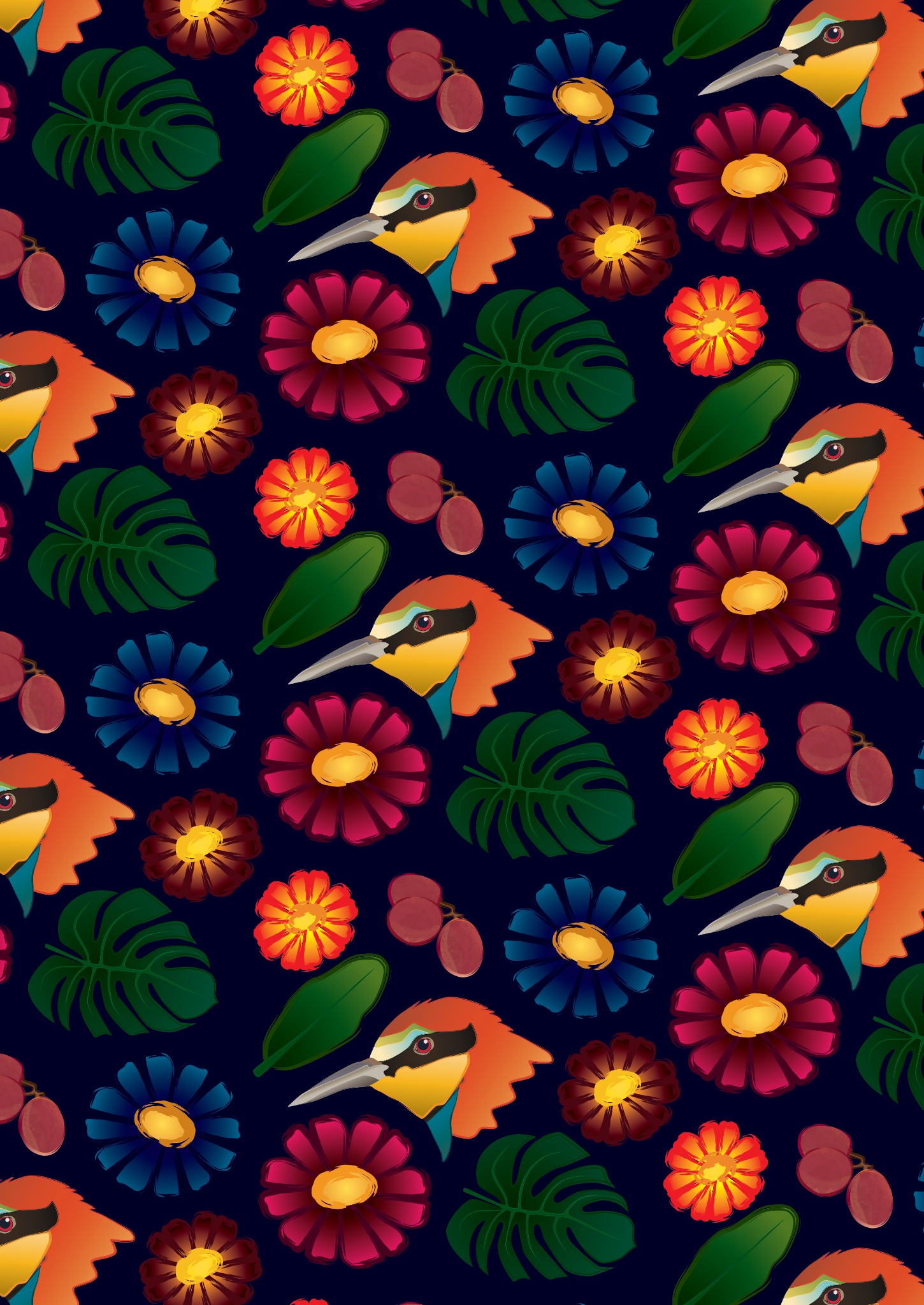 Wzorzysta grafika: kolorowe ptaki, kwiaty i liście na ciemnym tle. Powtarzalny motyw, idealny jako tło lub element dekoracyjny. Żywe barwy i wyraźne detale.