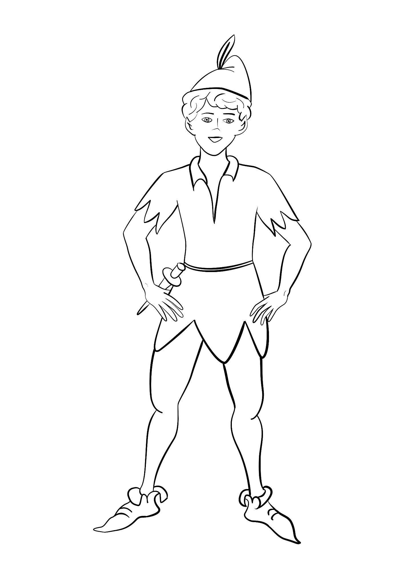 Czarno-biały rysunek Petera Pana w charakterystycznym stroju: kapelusz z piórkiem, tunika z ząbkowanymi brzegami i buty z dzwoneczkami, ręce na biodrach, na białym tle.