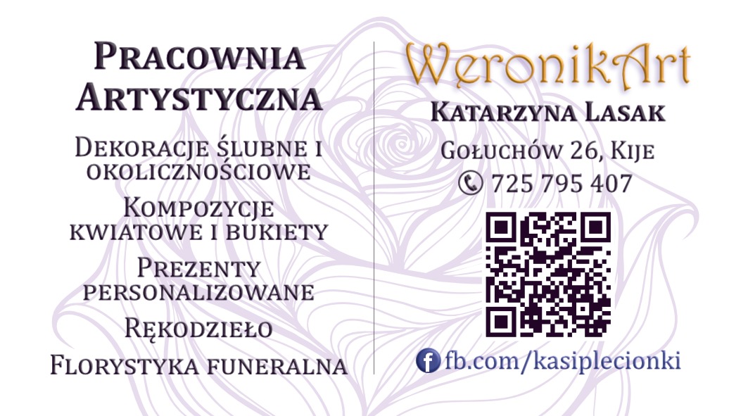 Wizytówka Pracowni Artystycznej WeronikArt Katarzyny Lasak z dekoracjami ślubnymi, kompozycjami kwiatowymi, prezentami personalizowanymi i florystyką funeralną.