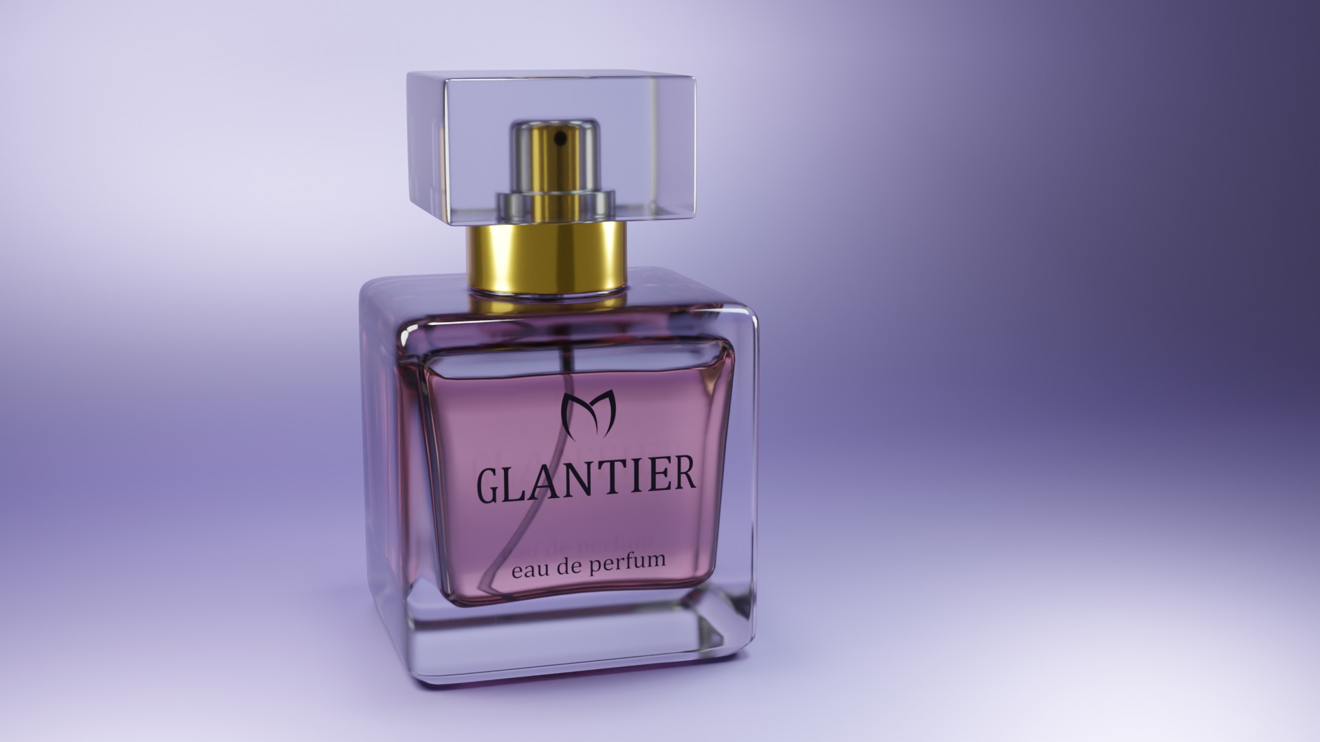 Model 3D flakonu perfum 'Glanter' z przezroczystą nakrętką i złotym atomizerem na fioletowym tle. Widoczne logo i napis 'eau de parfum'.