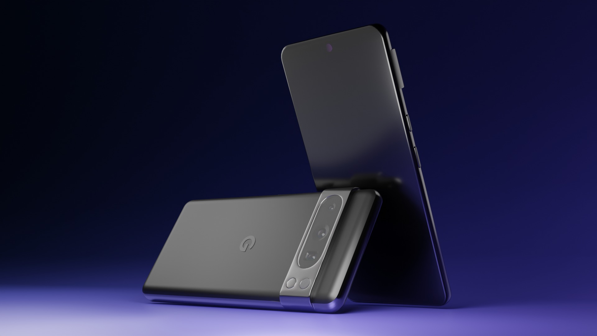 Realistyczny render 3D dwóch smartfonów, jeden leży, drugi stoi pionowo, z widocznymi detalami obudowy i obiektywów, na ciemnym tle z subtelnym oświetleniem.