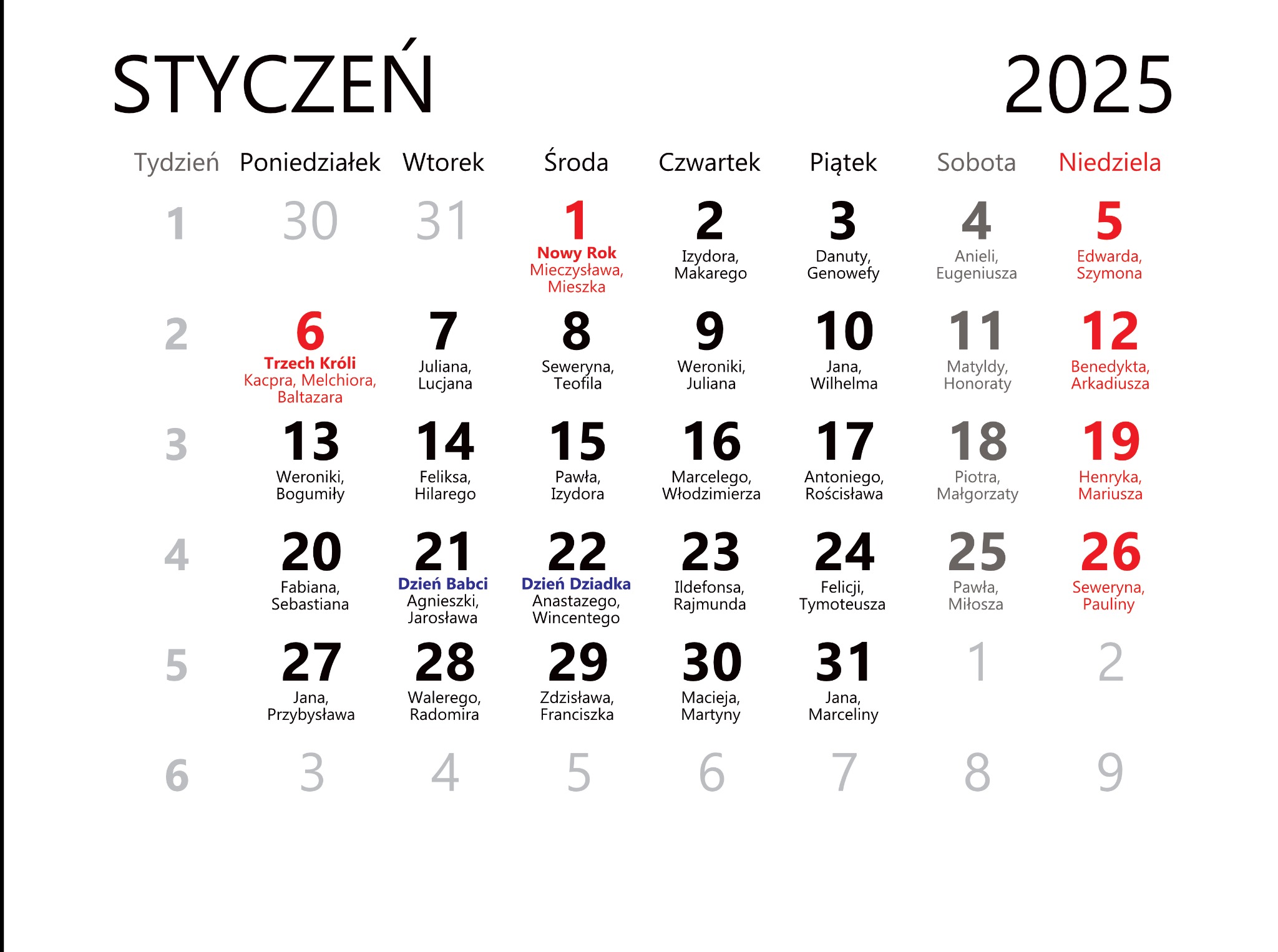 Kalendarz na styczeń 2025 z zaznaczonymi dniami świąt i imienin, w minimalistycznej, czytelnej grafice.  Białe tło, czarne i czerwone napisy.