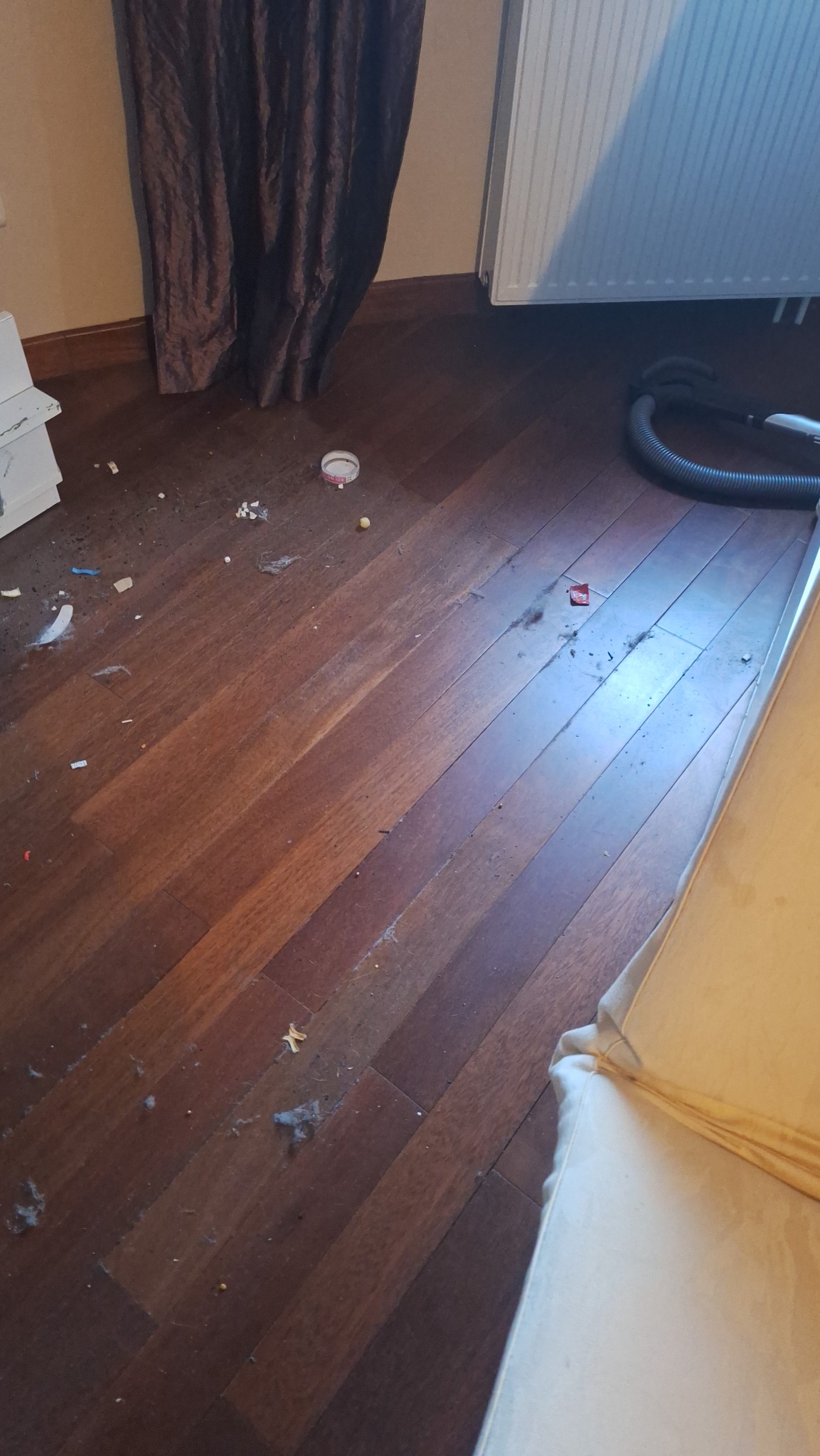 Zabrudzona drewniana podłoga z kurzem, okruchami i elementami opakowań. Widoczny fragment odkurzacza i zasłony. Niezachęcający widok przed sprzątaniem.