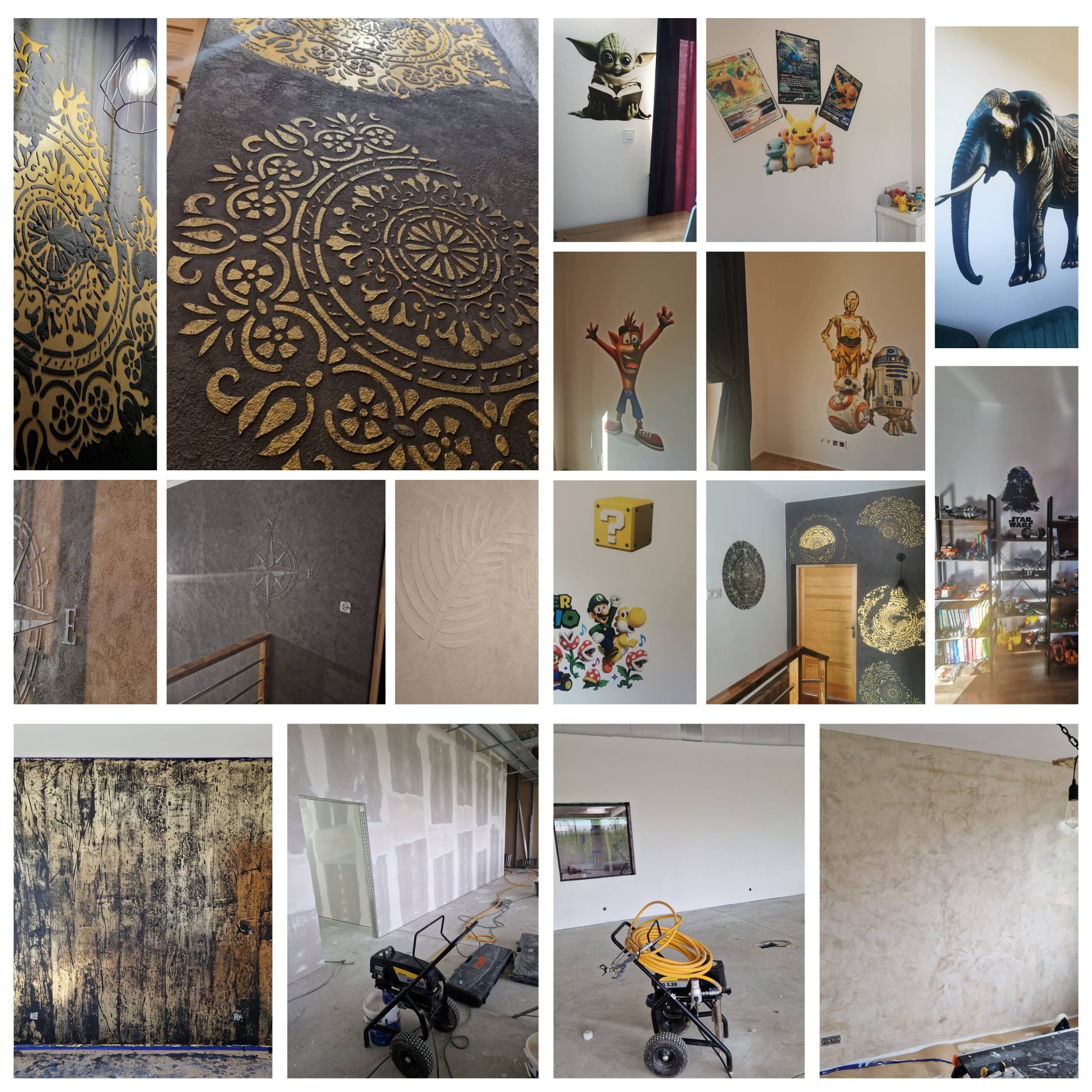 Kolaż zdjęć prezentujących różnorodne dekoracyjne wykończenia ścian: wzory geometryczne, motywy roślinne, abstrakcyjne faktury i malowidła ścienne.