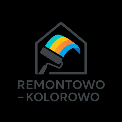 Logo firmy remontowej 'Remontowo-Kolorowo' z motywem pędzla malarskiego i kolorowych pasów w kształcie domu na czarnym tle. Minimalistyczny design.